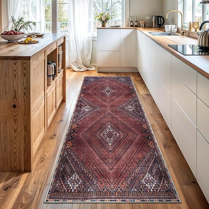 Bloom Rugs Washable Non-Slip 12 ft Runner - Red/Multicolor Traditional Bordered Runner for Entryway, Hallway, Bathroom, and Kitchen - Exact Size: 2.5' x 12'