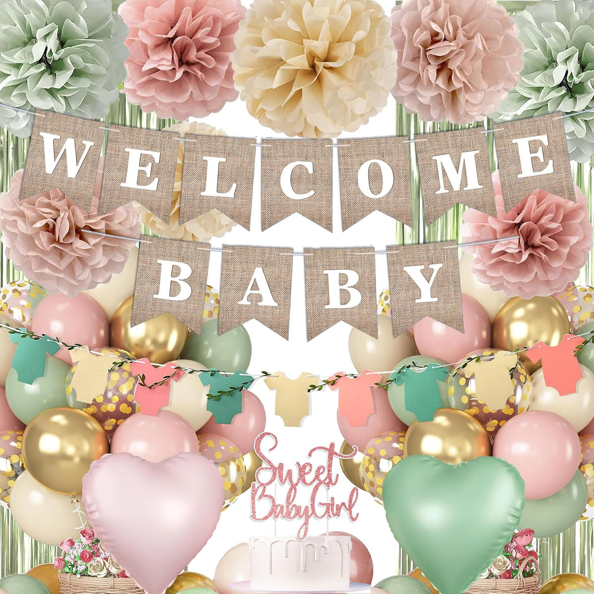 Pink Green Baby Shower Decorations Girls with Welcome Baby Banner, Paper Pom Poms, Sweet-Girl Baby Cake Topper, Retro Olive Pink Metallic Balloon Décor for Easter Jungle Safari Fairy Baby Shower Party