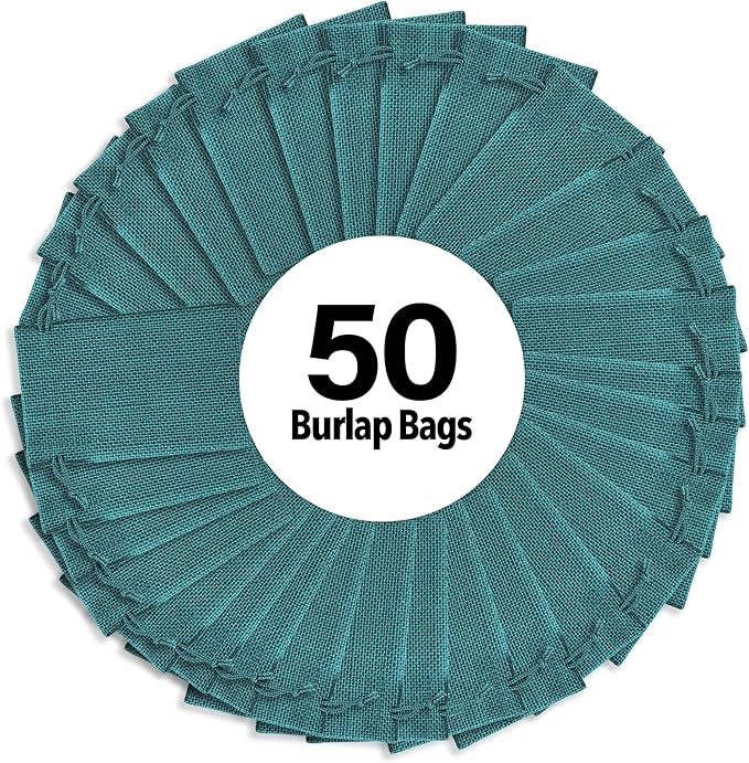 Mandala Crafts 3x4 Inch Teal Burlap Drawstring Gift Bags for Favors - 50 Mini Linen Sacks Gift Pouches for Candy, Jewelry, Wedding, and Party Supplies