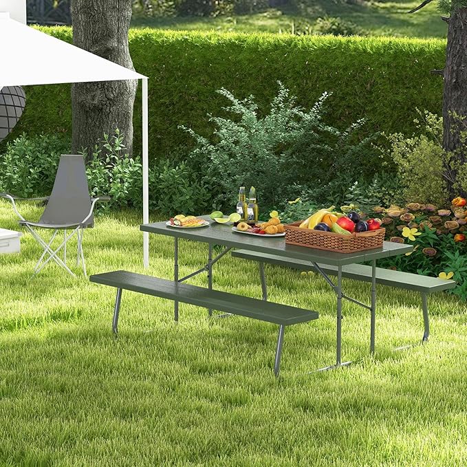 Tangkula 6 Ft Folding Picnic Table, Outdoor 8 Person Large Picnic Table Set with 2 Built-in Benches, Umbrella Hole, Metal Frame & HDPE Tabletop for Garden, Backyard (Green)