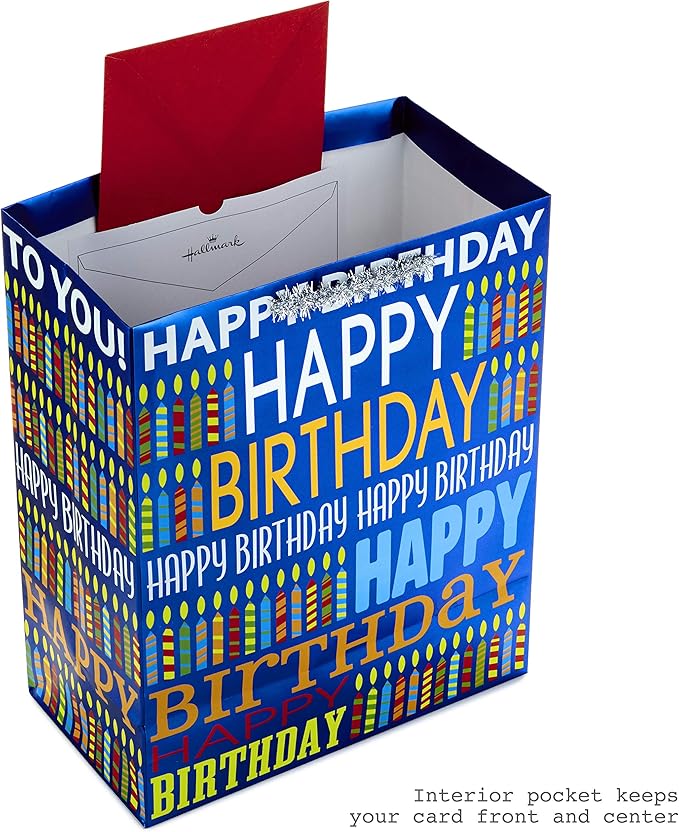 Hallmark 13" Large Birthday Gift Bag with Tissue Paper (Blue Happy Birthday, Multicolored Candles)