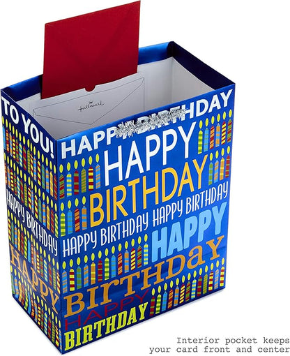 Hallmark 13" Large Birthday Gift Bag with Tissue Paper (Blue Happy Birthday, Multicolored Candles)