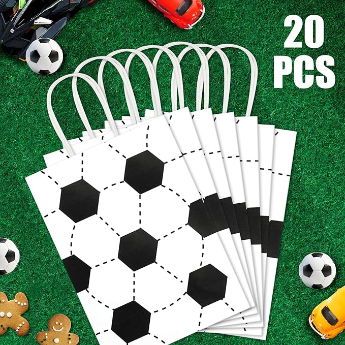 Ethanberg 20Pcs White Soccer Party Favor Bags with Handles, Sports Themed Kraft Paper Gift Bags Candy Snack Bag, Goodie Bag for Sport Team Ball Events Theme Birthday Party Supplies