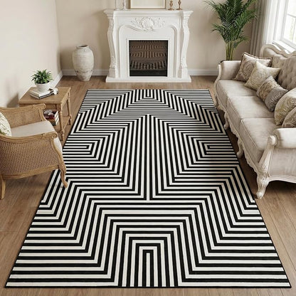 Washable Modern Lines Large Rug 10x13 for Living Room Modern Geometric Rugs Low Pile Soft Bedroom Carpet Thin Foldable Abstract Floor Carpet for Dining Kids Room Playroom, Black