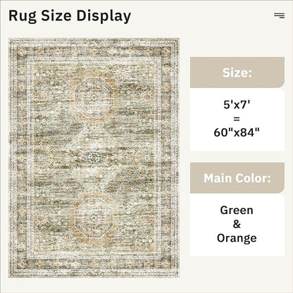 Soalmost 5x7 Area Rugs Green Orange Low Pile Indoor Washable Trendy Faded Style Rugs for Bedroom Living Room Dining Room Foldable Non-Slip Thin Print Mat