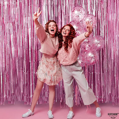 KatchOn, Pink Streamers for Party Decorations - XtraLarge 3.2x8 Feet 2Pcs Pink Backdrop Curtain Mothers Day Decorations Foil Fringe for Y2k Summer Flamingo Party Birthday Gender Reveal Decoration