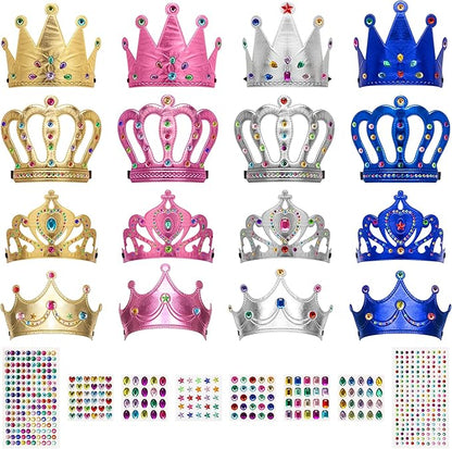 23/24 Packs Foam Princess Crowns and Tiaras, DIY Kit for Birthday Party Favors Hats with Crystal Diamond Sticker