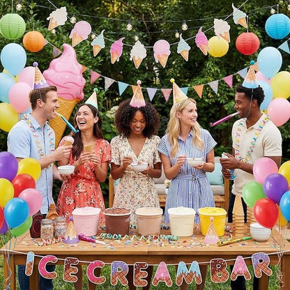 AmazingSpark 25 Pcs Ice Cream Party Supplies Set 24 Cone Hats with Pompoms 1 Banner, Ice Cream Bar Decorations for Birthday, Baby Shower, Summer Theme Party