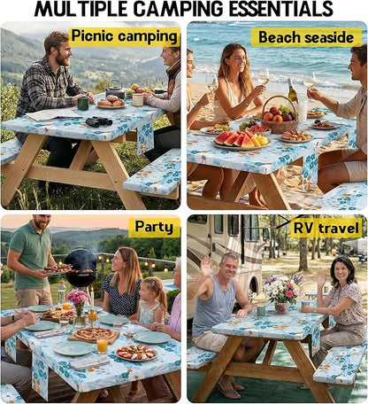 Picnic Table Cover with Bench Covers Tablecloth Glamping Essentials Travel Vacation Table Cloth Outdoor Cool Unique Fun Ideas Gifts for Camper Camping Lovers RV Owner Family Couple Women Female Mom