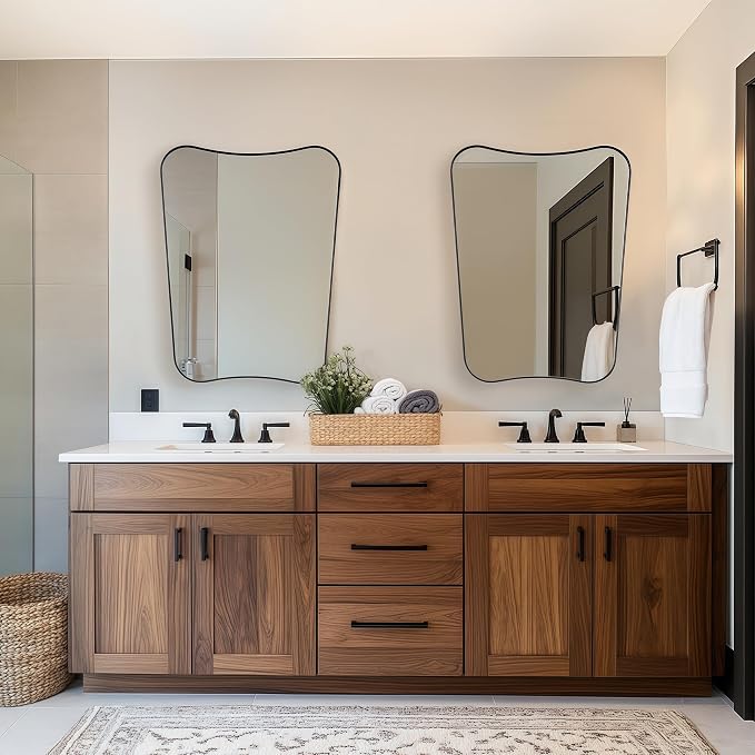 MIRRORART 24'x32'' Black Asymetrical Mirrors for Bathroom, | Premium Metal Frame Mirror Butturfly-Shaped Irregular Wall Mirrors Wall Mounted Vertical for Bathroom Remodel, HD Glass