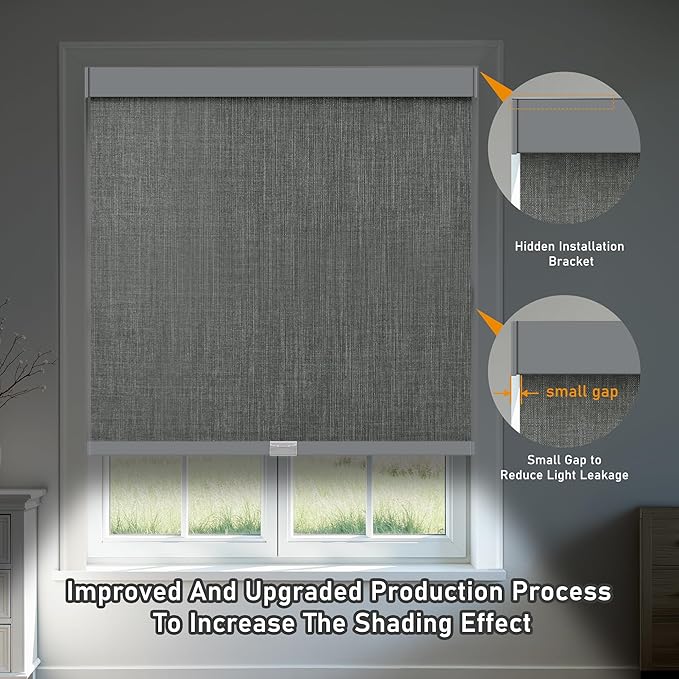 AOSKY Linen Roller Blinds Shades for Indoor Windows Pull Down Cordless Blackout Black Out Window Shade 50 Inch Blinds for Home Dark Grey