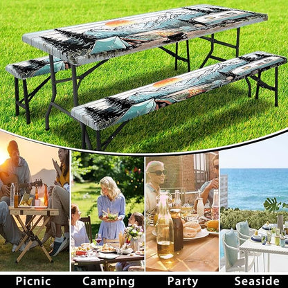 Picnic Table Cover with Bench Covers and Bag, Wooden Camper Waterproof Windproof, Fitted Tablecloth Cover with Elastic Edge, for Indoor & Outdoor, Garden, Camping, 3 Pieces Set, 30x96 Inch