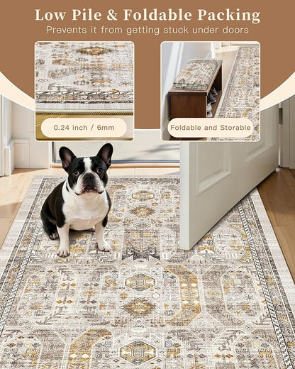 Madane Hallway Runner Rug 3x16 - Vintage Non Slip Washable 16ft Kitchen Runner for Entrance Soft Long Carpet Runners for Living Room Bathroom Low Pile Floor Mat for Bedroom Dining Room, Brown/Gold