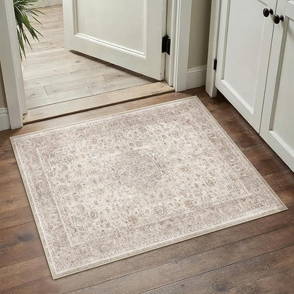 Beige Area Rug 2x3 Washable Vintage Entryway Carpet Low Pile Non Slip Distressed Door Mat Soft Traditional Retro Oriental Small Accent Throw Rug for Kitchen Bedroom Office Bathroom Laundry