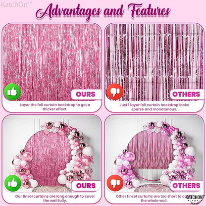 KatchOn, Pink Streamers for Party Decorations - XtraLarge 3.2x8 Feet 2Pcs Pink Backdrop Curtain Mothers Day Decorations Foil Fringe for Y2k Summer Flamingo Party Birthday Gender Reveal Decoration
