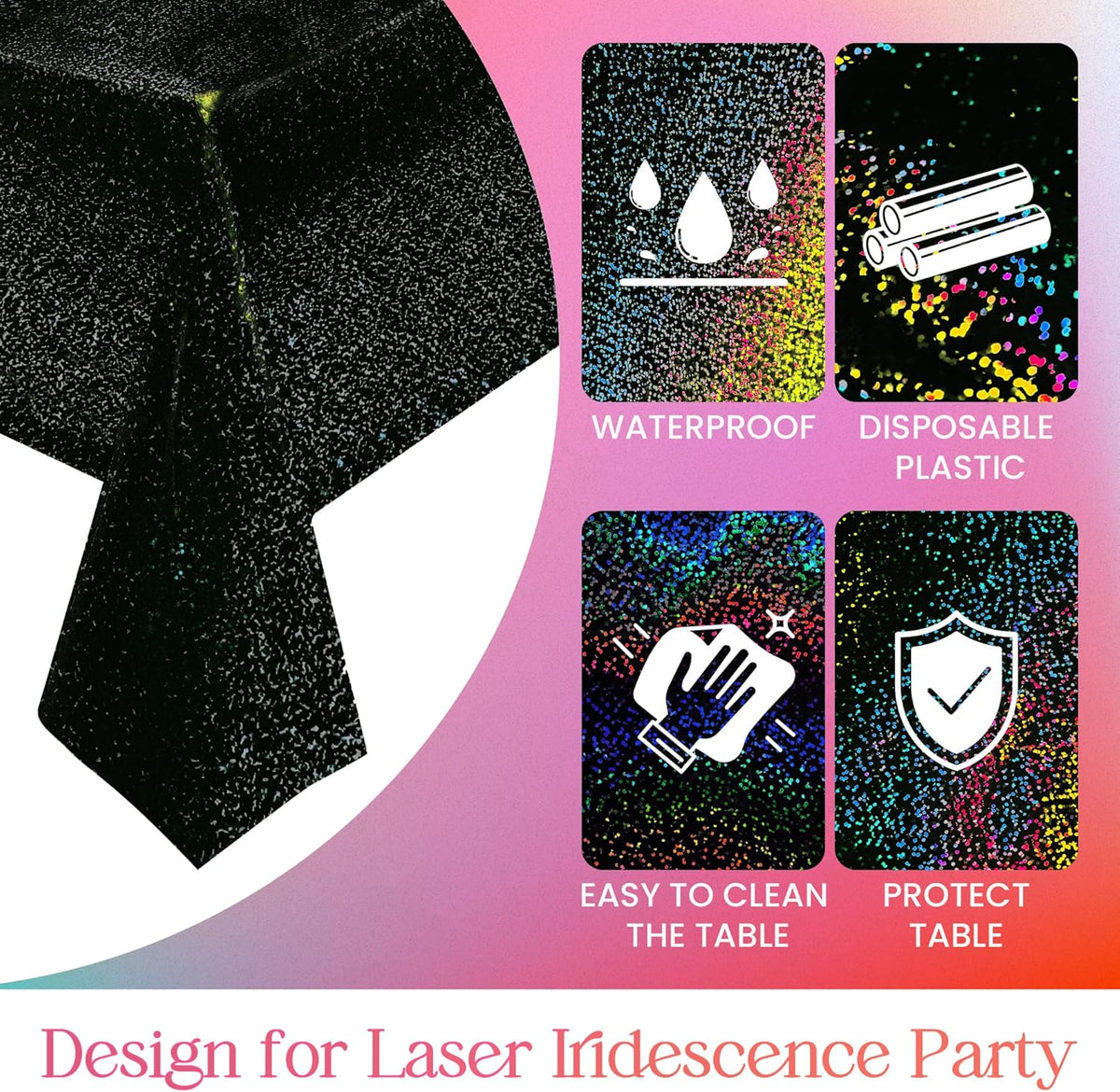 6 Pcs Black Holographic Laser Tablecloths Iridescence Shiny Table Covers 40" x 108" Foil Rectangle Table cloths for Halloween Baby Shower Undersea Ocean Birthday Party Winner Wedding Party Décor