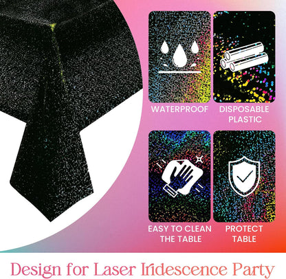 6 Pcs Black Holographic Laser Tablecloths Iridescence Shiny Table Covers 40" x 108" Foil Rectangle Table cloths for Halloween Baby Shower Undersea Ocean Birthday Party Winner Wedding Party Décor
