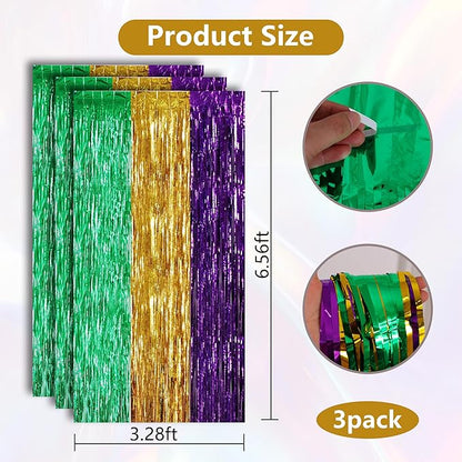 BEISHIDA 3Pcs Green Gold Purple Door Streamers Backdrop Foil Fringe Tinsel Curtains Backdrops for Birthday Baby Shower Carnival Mardi Gras Party Decoration (3.28 ft x 6.56 ft)