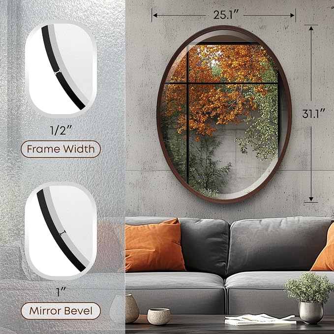 OVALCREST - Oval Wooden Beveled Wall Mirror for Home Decor, Bathroom, Vanity, Bedroom, Living Room, Hallway - London Style (Black Walnut) 31.1 x 25.1