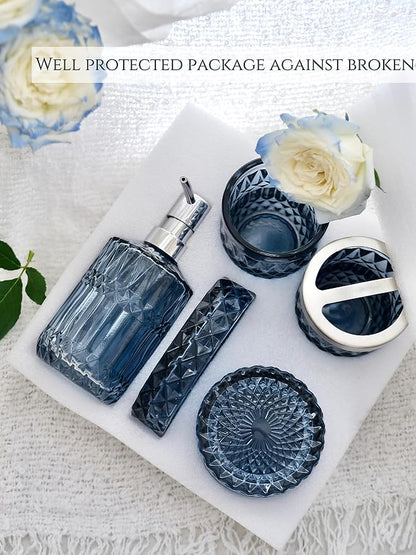 LaMarriti Blue Bathroom Accessories Set, 5Pcs Clear Glass Bathroom Accessories, Hand Soap Dispenser, Soap Dish, Toothbrush Holder Set, Qtips Holder for Crystal Vintage Bath Countertop Decor, Gift Set