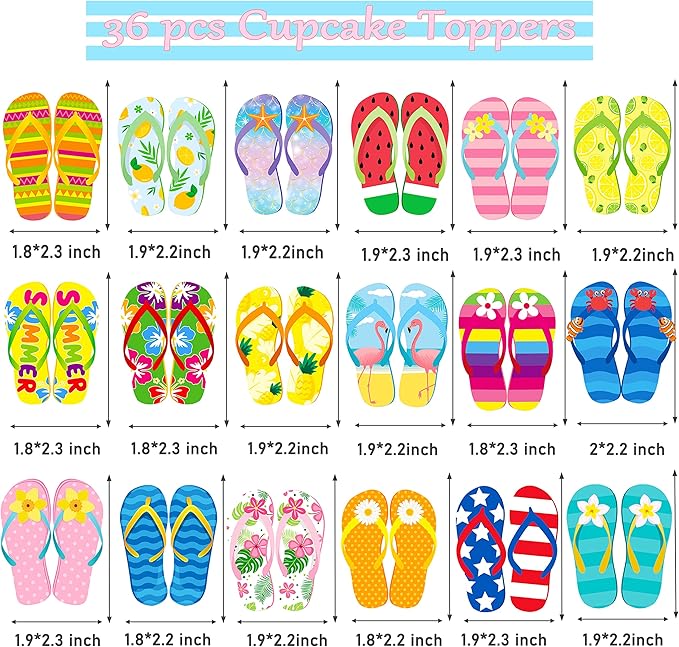 36pcs Beach Flip Flops Cupcake Toppers Summer Beach Party Cupcake Toppers Decorations Pool Decorations Supplies for Summer Birthday Tropical Luau Hawaiian Party Supplies
