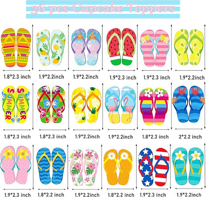36pcs Beach Flip Flops Cupcake Toppers Summer Beach Party Cupcake Toppers Decorations Pool Decorations Supplies for Summer Birthday Tropical Luau Hawaiian Party Supplies