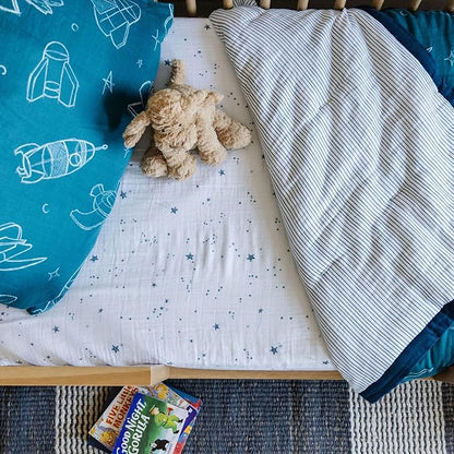 Little Unicorn Toddler Bedding 3-Piece Set | Super Soft & Breathable Muslin Fabric | for Convertible Cribs & Toddler Beds (Blast Off)