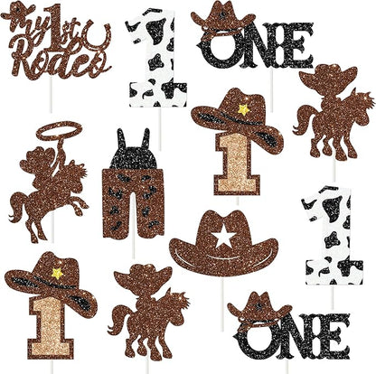 24Pcs Cowboy 1st Birthday Party Cupcake Toppers Western First Birthday Party Decorations Glitter My 1st Rodeo Party Cake Picks for Wild West Cowboy Theme Party Supplies