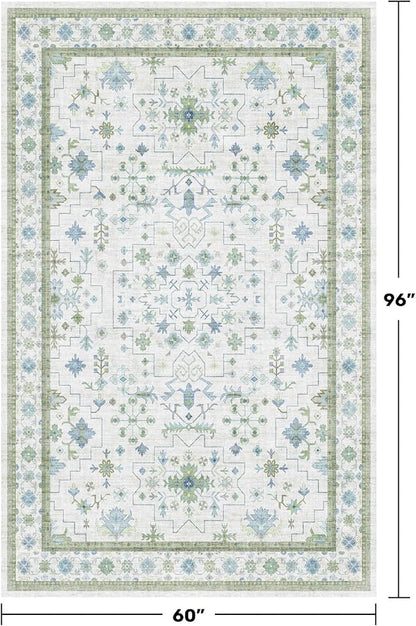 Green and Blue Kids Rugs for Bedroom 5x8 - Oushak Boho Cute Area Rug, Washable Low Pile Non-Slip Soft Foldable Indoor Carpet for Nursery, Playroom
