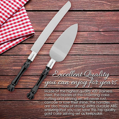 Homi styles Black Cake Knife and Server Set, Cake Cutter and Pie Spatula, Cake Server and Knife Set of 2 with Non-Slip Swirl Grip, Matte Black Cake Cutting Set for Wedding Cake, Birthdays, and Parties