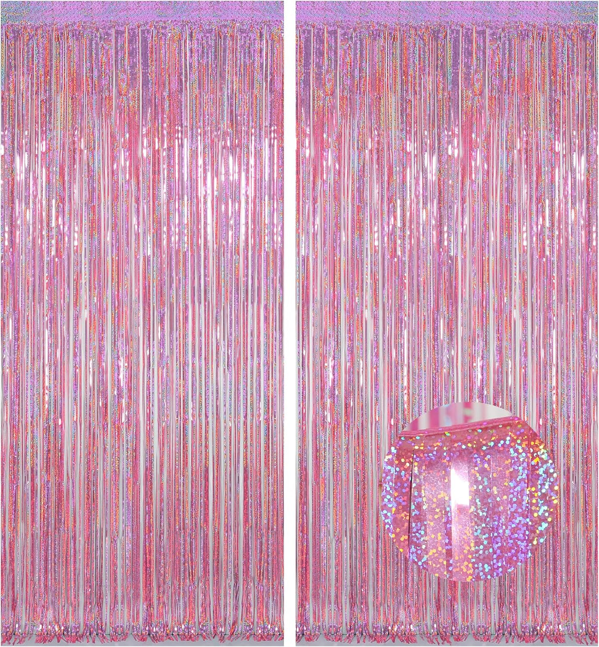 Melsan Pink Tinsel Curtains Backdrop, 3.2 ft x 8.2 ft Sparkle Metallic Foil Curtains for Unicorn Mermaid Princess Party Photo Background Decoration, 2 Pack