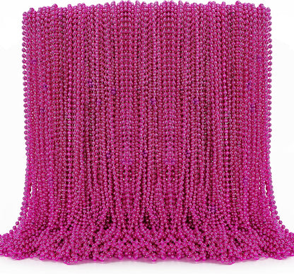 144PCS Bead Necklace, Mardi Gras Pink Bead Necklaces Party Favors, Metallic 33" Mardi Gras Round Beaded Necklace Stuff, Festival Parade Throw Accessories for Wedding Gender Reveal Party Supplies Decor