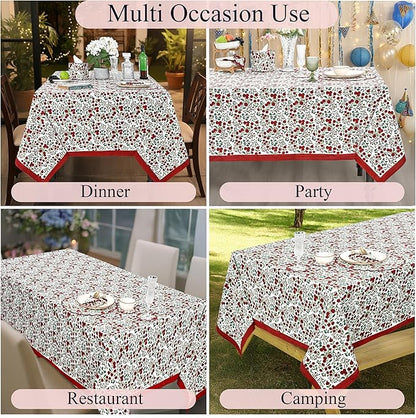 Ridhi Hand Block Print Garnet Red Rectangle Cotton Tablecloth 108" x 70" Reusable Table Cover Decorative Everyday Use for Dining, Farmhouse, Home Gift for Spring, Easter, Valentine