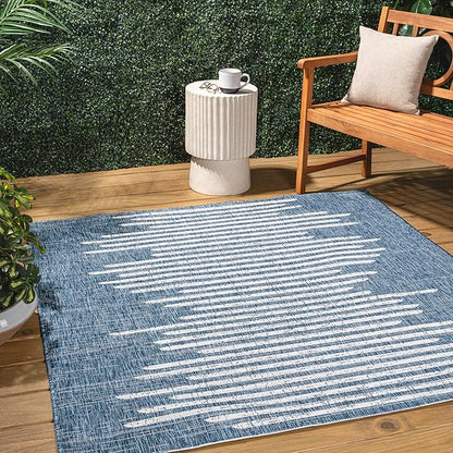 JONATHAN Y Stripe Geometric Indoor Outdoor Square Area Rug 9X9 Blue/Ivory, Zolak Berber for Backyard, Patio, Porch, Easy-Cleaning, High Traffic, Pet-Friendly, Non-Shedding (SMB124C-9SQ)