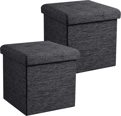 Ornavo Home 2 Pack 15 Inch Folding Storage Ottoman, Square Cube Linen Small