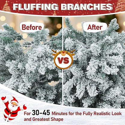 MUPATER 6ft Snow Flocked Christmas Tree Pre-lit, Christmas Flocked Tree with Warm Lights, Artificial Holiday Christmas Tree with Stand for Home, Party