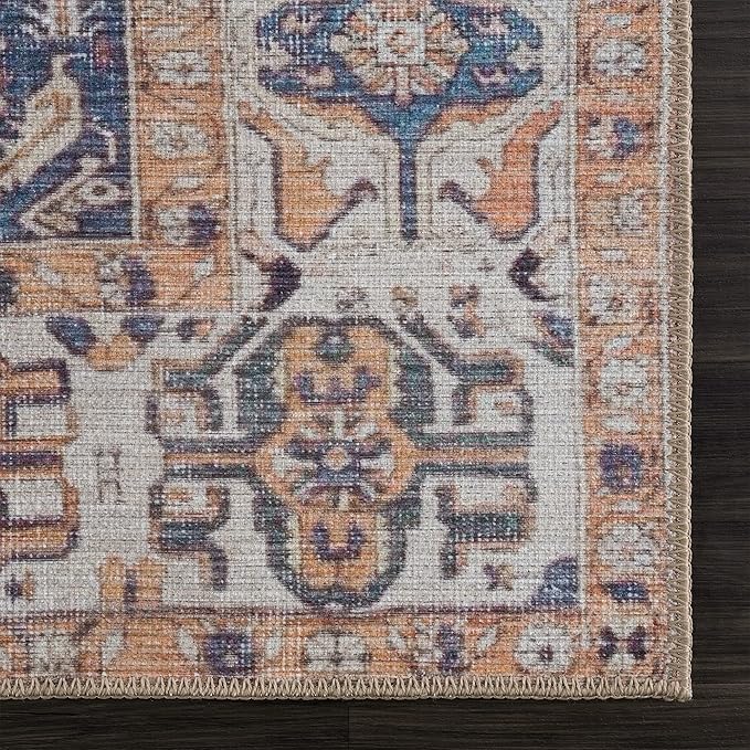 Bloom Rugs Washable 7 ft Runner - Orange/Blue/Beige Traditional Runner for Entryway, Hallway, Bathroom, and Kitchen - Exact Size: 2.5' x 7'
