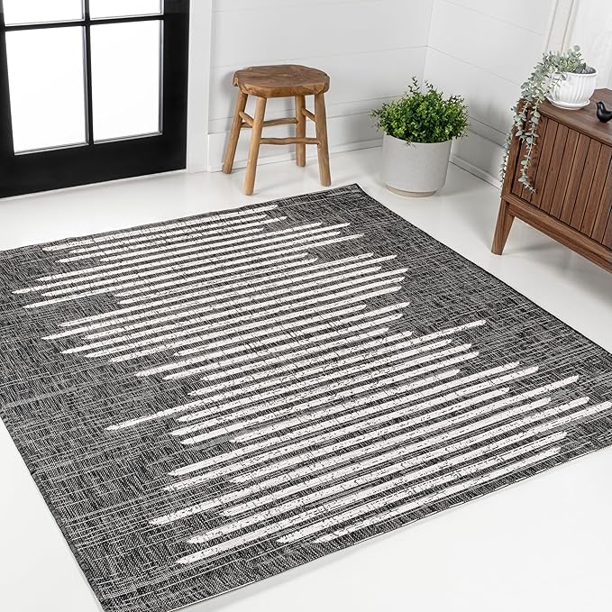 JONATHAN Y Stripe Geometric Indoor Outdoor Square Area Rug 3X3 Black/Ivory, Zolak Berber for Backyard, Patio, Porch, Easy-Cleaning, High Traffic, Pet-Friendly, Non-Shedding (SMB124E-3SQ)