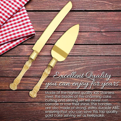 Wedding Cake Knife and Server Set, Cake Cutter and Pie Spatula, Cake Server and Knife Set of 2 with Plastic Handles, Titanium Gold Plated Blades, Cutting Set for Birthdays, and Parties (Glitter Gold)
