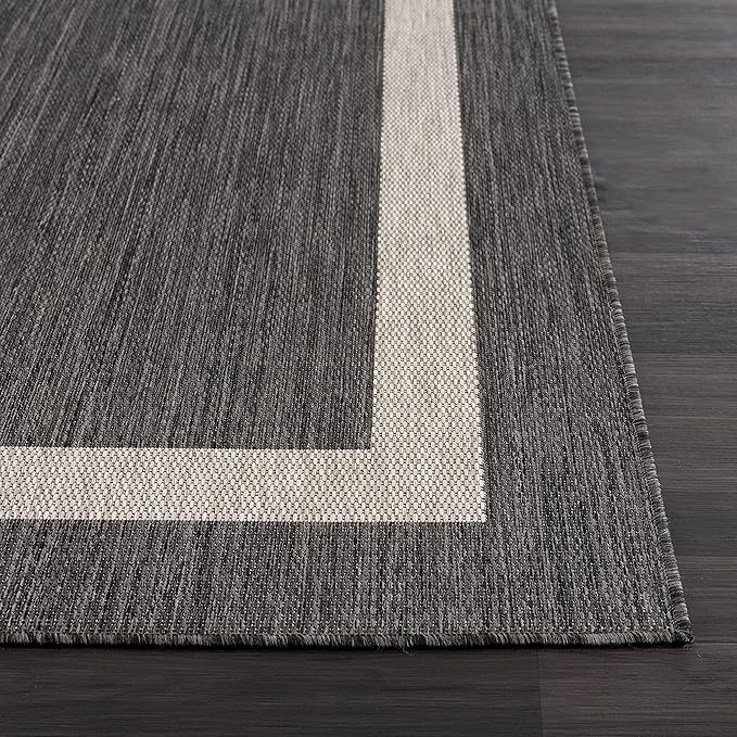 CAMILSON Outdoor Rug 9x12, Large Modern Outside Rugs for Patios Porches Waterproof Durable Washable Non-Shedding, Easy-to-Clean Indoor Outdoor Area Carpet (9 x 12, Bordered - Dark Gray/Light Gray)
