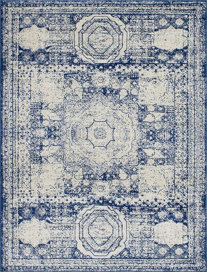 Unique Loom Bromley Collection Area Rug - Wells (7' 10" x 10' Rectangle, Ivory and Blue/ Ivory)