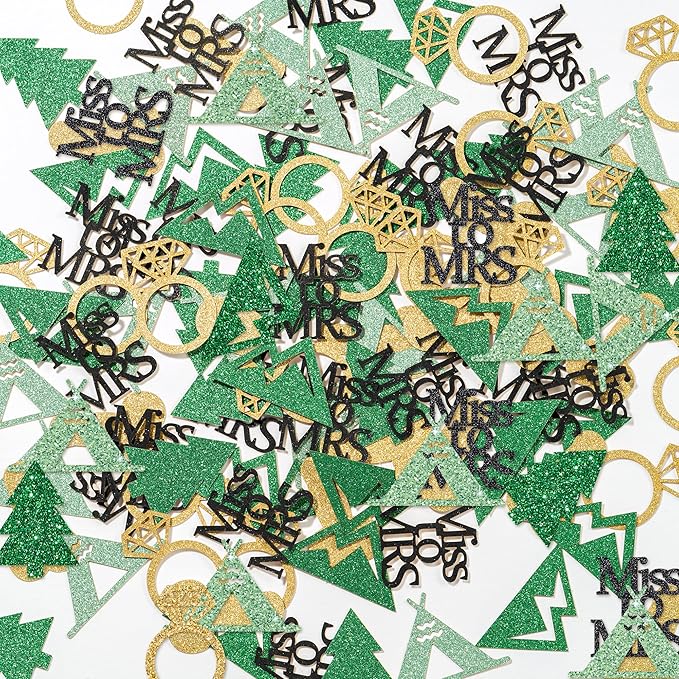 BeYumi Camp Bachelorette Table Confetti - 300Pcs Camping Table Confetti Decorations Gold Glitter Diamond Ring Miss to Mrs Mountain Tent Paper Decor for Hiking Engagement Party Supplies