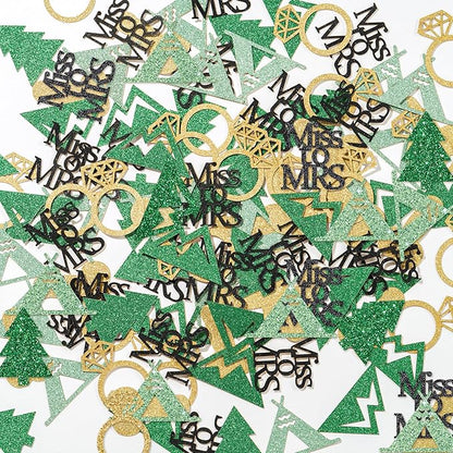 BeYumi Camp Bachelorette Table Confetti - 300Pcs Camping Table Confetti Decorations Gold Glitter Diamond Ring Miss to Mrs Mountain Tent Paper Decor for Hiking Engagement Party Supplies