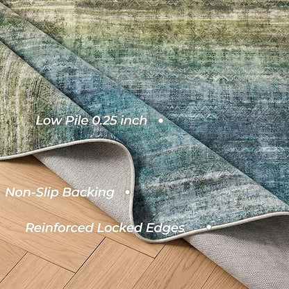 Kokia Abstract Teal Area Rugs 8x10 Bedroom Soft Living Room Rugs Washable Distressed Vintage Comfy Carpet with Non-Slip Backing for Farmhouse Home Office Room Decor, Blue and Green