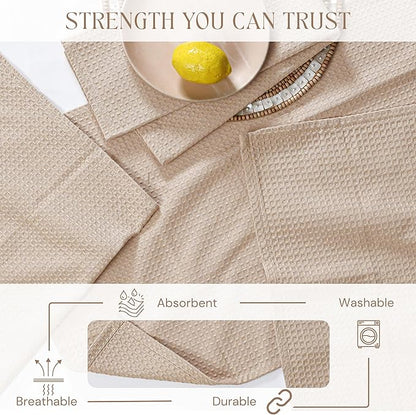 Beige Kitchen Dish Towels Set of 4-100% Cotton Waffle Weave, Super Absorbent, Soft, Quick Drying, 16x26 Inches, Ideal for Cleaning, Bar, Tea, and Everyday Use, Tan