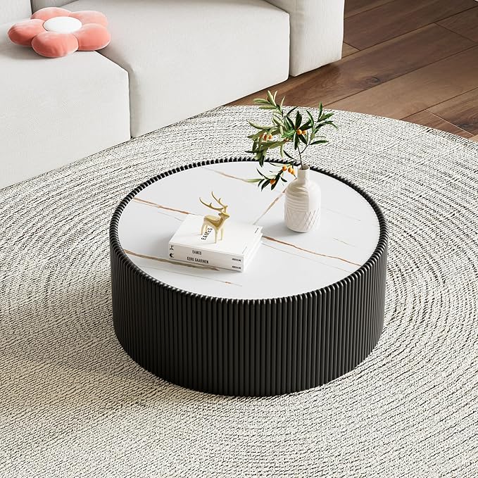 SSLine Round Drum Coffee Table Set of 2 Modern Sintered Stone Top Nesting