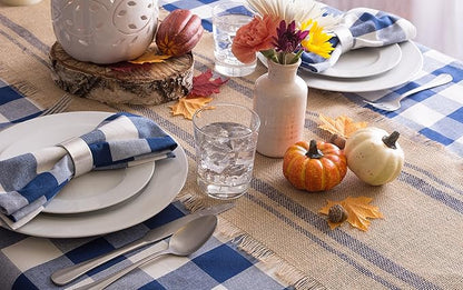 DII Jute Burlap Collection Kitchen Tabletop, Table Runner, 14x72, Double Border Blue