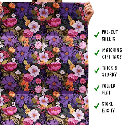 CENTRAL 23 Floral Wrapping Paper For Women - 6 Sheets Of Birthday Gift Wrap - Pink Purple White Yellow Flowers - Spring - Bridal Shower - Comes With Stickers