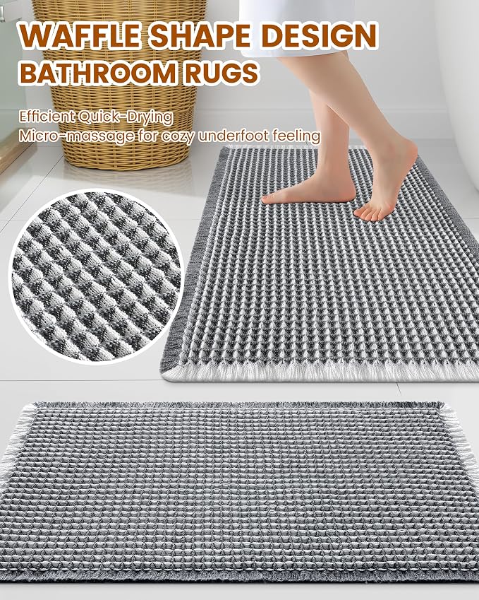 Smiry Waffle Bath Mat 60x24, Extra Soft Absorbent Bathroom Rugs, Non Slip Machine Washable Quick Dry Bath Rugs for Bathroom Floor, Tub, Shower, Home Decor Accessories, Darkgrey & Cream
