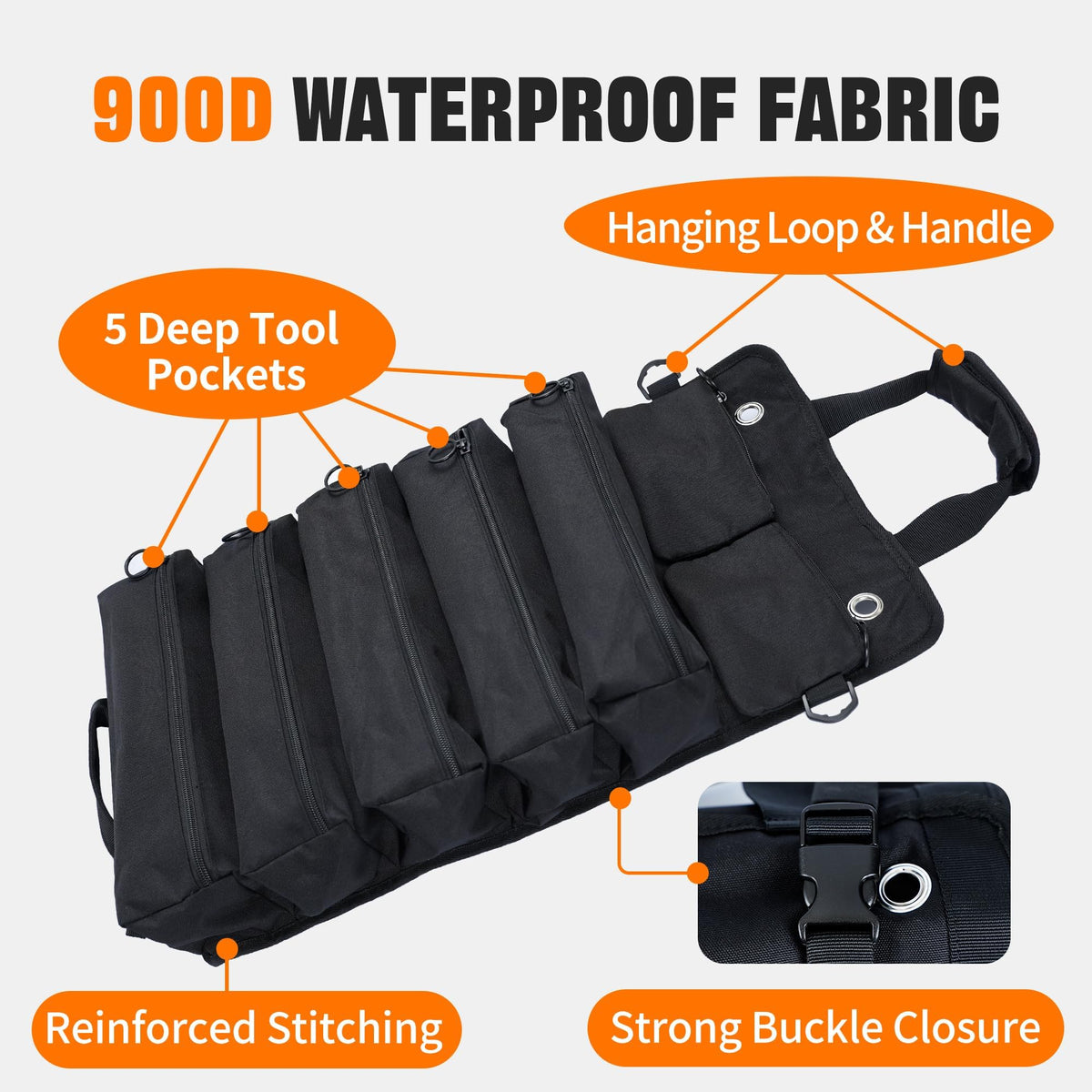 AASTT Portable Foldable Roll Up Tool Bag – 5 Compartments & 2 Detachable Pouches, Waterproof